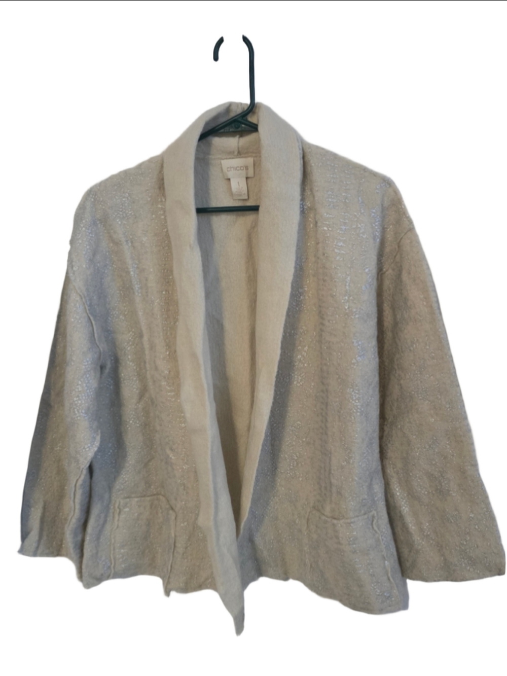 Women's Chico's 100% Wool Cardigan Sweater Size S Beige Silver warm fall winter